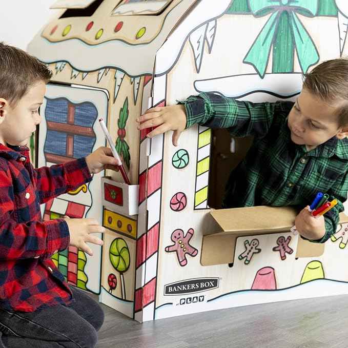 Bankers Box at Play Color in Holly Jolly Playhouse, Cardboard Playhouse and Life Size Craft Activity for Kids and Families