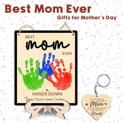 Mommy Handprint Art Sign, DIY Mothers Day Handprint Plaque and Keychain Set, Family Handprints Sign, Birthday Mother's Day Gifts for Mom from Kids, Crafts Keepsake Memory, Best Mom Ever Hands Down