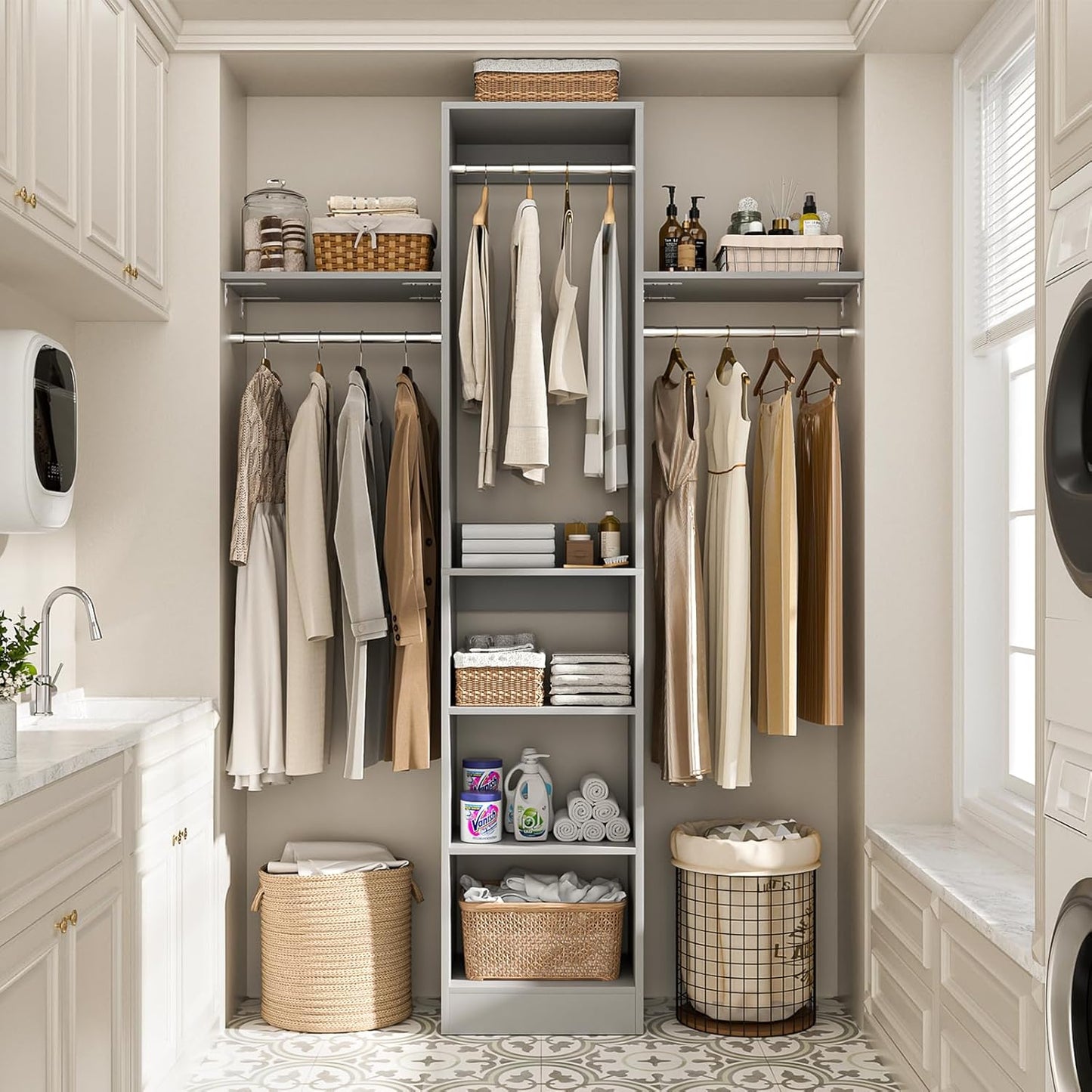 48" Small Closet Organizer, 4FT Small Closet System with 4 Closet Rods & 3 Shelves, 80"H Small Closet Organizers and Storage for Small Bedooms, Cloakrooms, Laundry Rooms, Gray