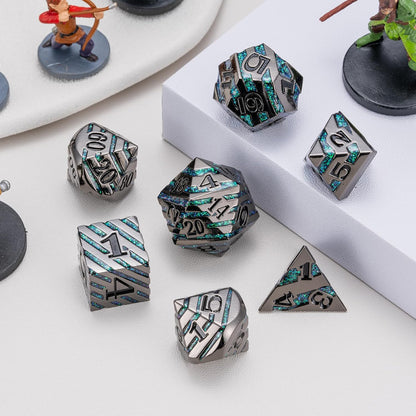 Metal Stripe Dice,Solid Metallic Glitter Stripes DND Dice with Gift Metal Box for Dungeons and Dragons Tabletop Game (Black Nickel Dark Green)