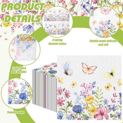 Fulmoon 200 Pieces Summer Floral Cocktail Napkins Disposable Wildflower Dessert Paper Napkins Bulk Flower Decoupage Beverage Towel for Summer Tea Party Dinner Decorative