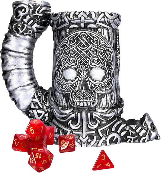 Dice Tower Mug, Dice Rolling Tower, Comes with 7 PCS Dice Set, Suitable for DND Dungeons and Dragons, Tabletop Games, Available As Drink Holder, D&D Gifts, DND Accessories (Silver Skull)