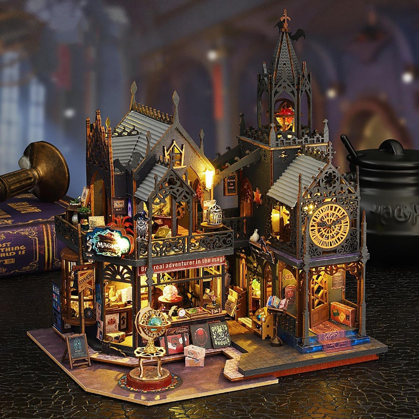 DIY Book Nook Kit - DIY Miniature Dolls House Kit with Furniture and LED Light, 3D Puzzle Wooden Art Bookends, Model Kits for Adults to Build (Holo Demon City)