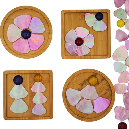 Yuvori Iridescent Flower Mosaic Tiles – 12pcs Mixed Sizes, 5-Petal Iridescent Mica Flowers with Center Beads for DIY Mosaic Art, Fairy Garden, Home Craft, Outdoor Decor (Iridescent Pink)