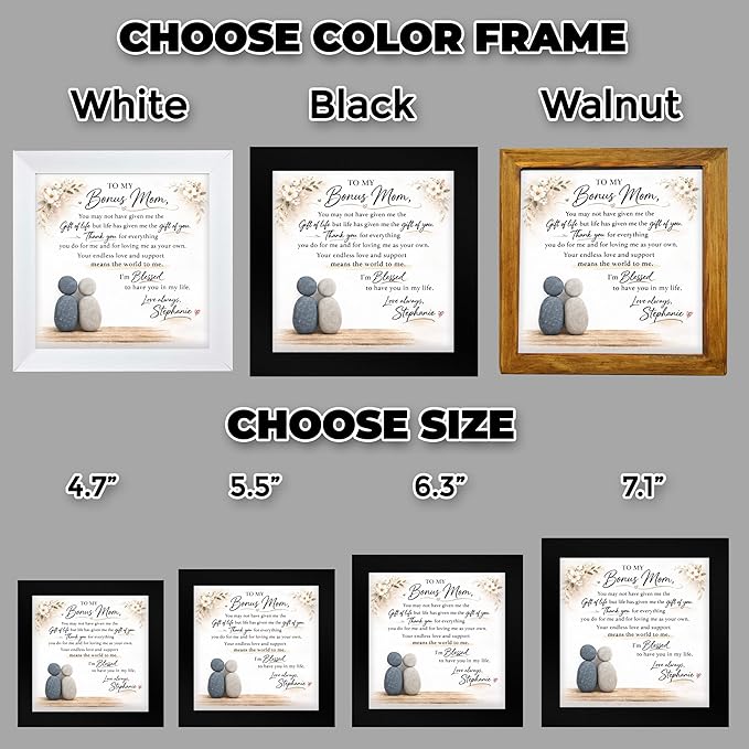 Personalized 2nd Mom Gift Pebble Art Frame, Custom To My Bonus Mom Wooden Family Plaque, Stepmom Mother’s Day & Birthday Gifts for Mother, Women, Family Name Sign Home Decor Keepsake