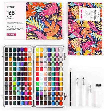 Grabie Watercolor Paint Set, Watercolor Paints, 168 Colors, Painting Set with Coloring Book, Water Brushes and Drawing Pencil, Art Supplies, Perfect Starter Kit for Watercolor Painting