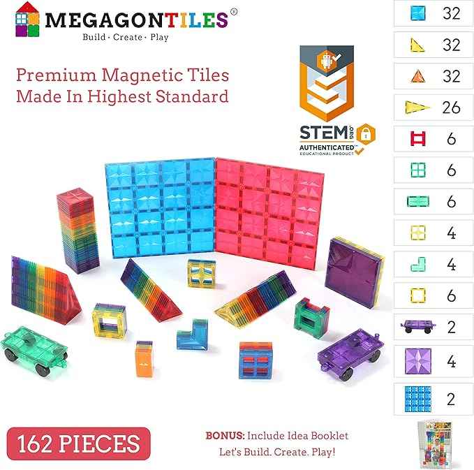 162PCS Premium Magnetic Tiles Set | STEM-Authenticated Magnetic Building Blocks | Educational Construction Toy for Kids Ages 3–8 (Boys & Girls)