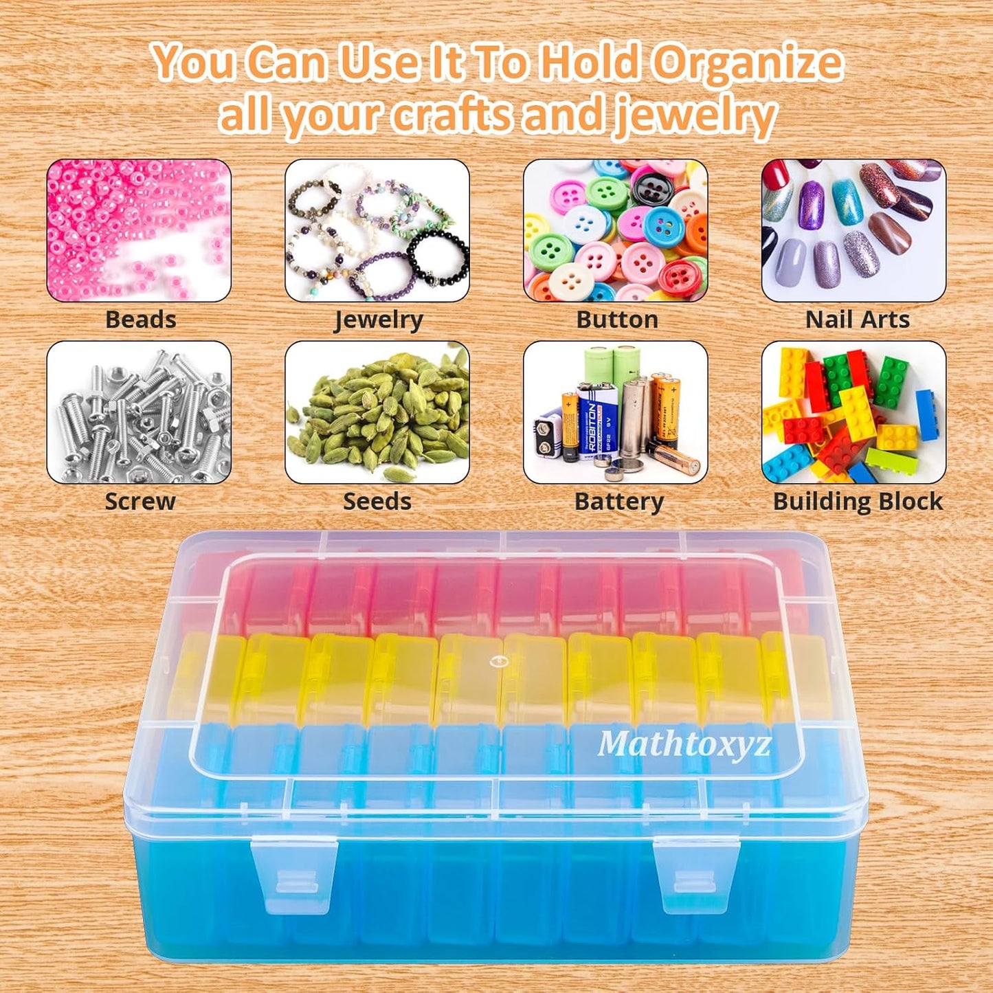 Mathtoxyz Bead Organizer Box(Red,Yellow,Blue), 62Pcs Small Bead Organizers and Storage Plastic Cases Mini Clear Containers Boxes with Hinged Lid and Rectangle for Bracelet Making DIY Jewelry Craft