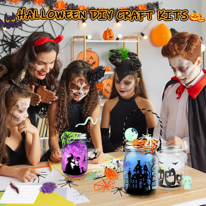 SpringFlower Halloween DIY Arts and Crafts Kits，12 Pcs Glass Mason Jar with Accessories for DIY Lantern Jar, Art & Craft Party Supplies for Classroom Kids
