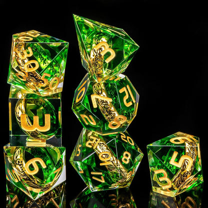 OUKELANWO Magic Lord Rings DND Dice Set with Box, 7Pcs Resin LOTR D&D Dice Set for Role Playing Game, Green Gold Dungeons Dragons D and D Sharp Edge Dice D20 D12 D10 D8 D6 D4