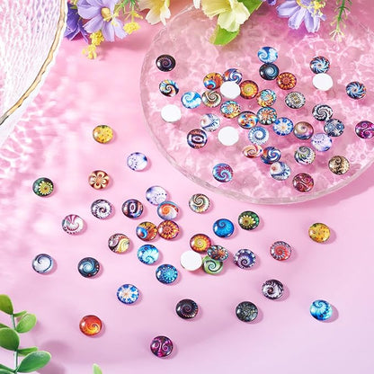 100Pcs Printed Glass Cabochons for Jewelry Making, Vortex Printed Half Round Cameo Dome Tiles Flatback Dome Cabochons for Photo Cameo Pendant Scrapbooking DIY Crafts