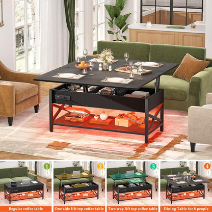 Aheaplus Coffee Table Lift Top Multi-Function Coffee Table Converts to Dining Table, with LED Light and Power Outlet, Center Table with Shelves for Living Room Reception Home Office, Black