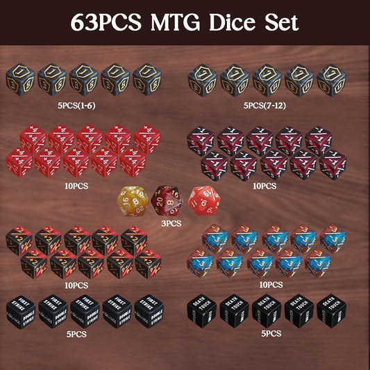 63 PCS MTG Dice Counters Set, D6 MTG Tokens with Bulk Abilities Keywords and MTG Life Counters, Dice Set for Magic The Gathering, TCG and Card Games