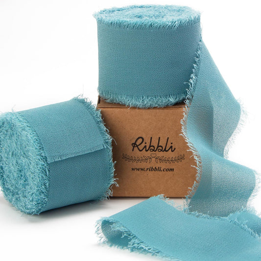 Ribbli Deep Sea Blue Chiffon Ribbon 1-1/2 inch x 20 Yard Handmade Fringe Chiffon Silk Ribbon,Blue Ribbon for Wedding Invitations, Bridal Bouquets Wrapping, Flower Arrangement Decoration - Crafty Corner