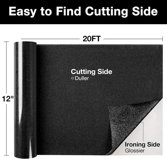 TORC Black Glitter HTV Heat Transfer Vinyl Roll 12 inch x 20 ft Iron on Vinyl for T Shirts Crafts Bulk
