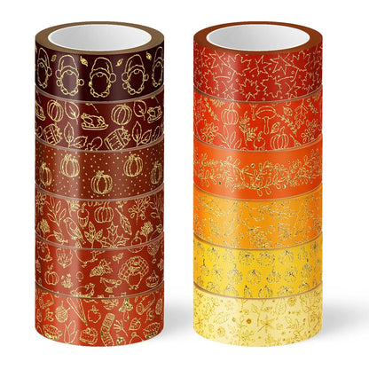 Whaline 12 Rolls Fall Washi Tapes Foil Gold Decorative Tape Autumn Gnome Pumpkin Fall Leaves Turkey Patterned Masking Tape for Fall Thanksgiving Scrapbook Journal DIY Craft Gift Wrapping, 0.6Inch