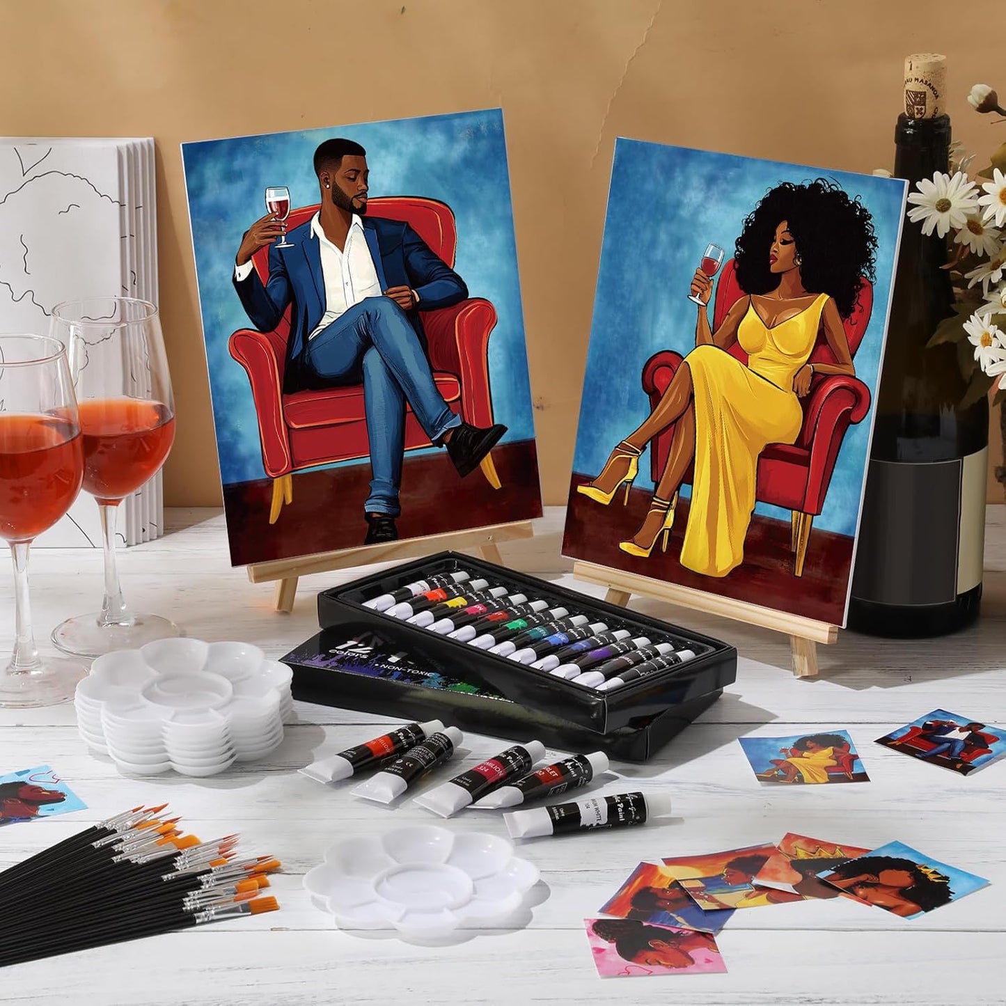 Cholemy 36 Pcs Paint and Sip Kit for Adults 8''x10'' Pre Drawn Canvas for Painting DIY Afro Acrylic Painting Kit Wood Easel Brushes Date Night Bulk for Christmas Party Gifts(Couple) - Crafty Corner