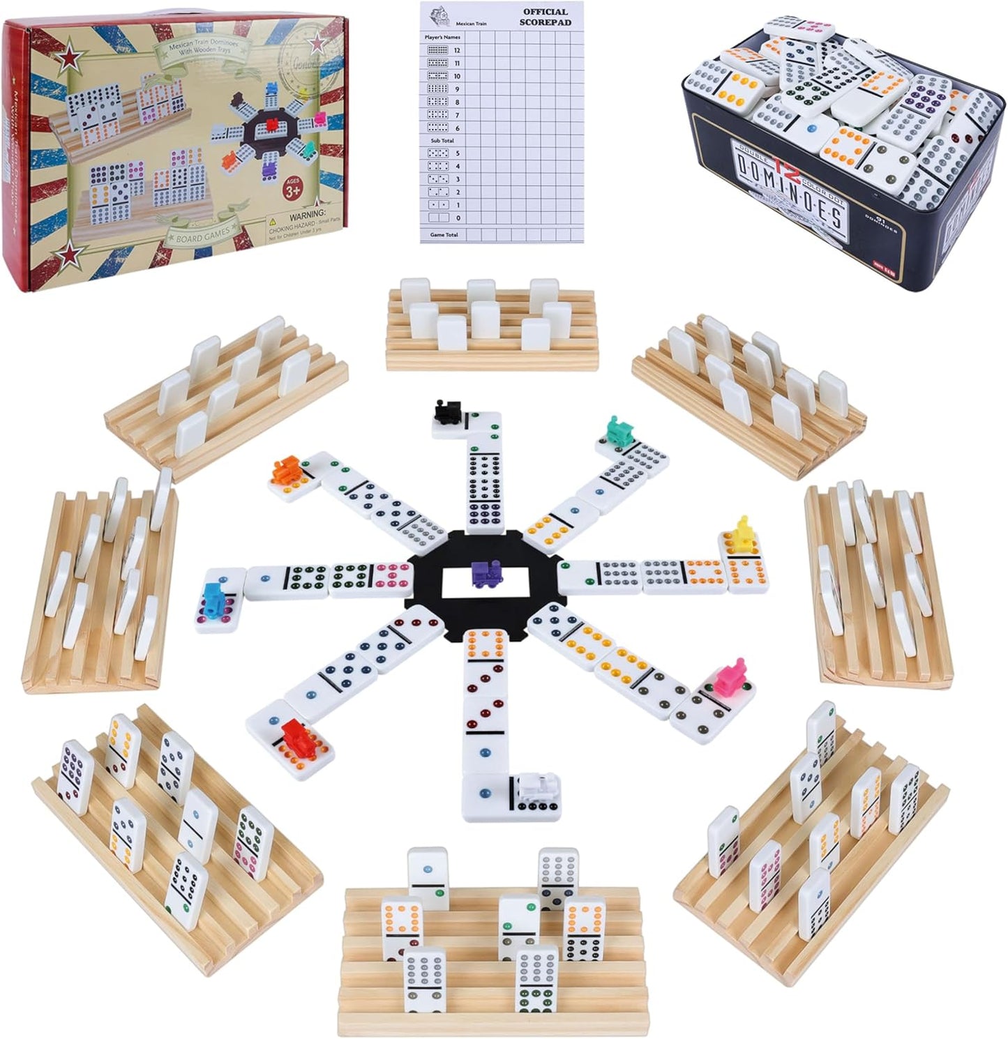 Double 12 Mexican Train Dominoes Set for Adults with 8PCS Wooden Holders, 9 Train Markers, 91 Color Dot Tile Dominos in Tin Box & Hub - Classic Family Board Game Set Party Toy Gift for Kids