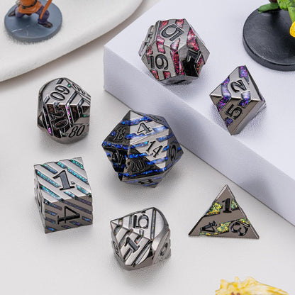 Metallic Glitter Stripes D&D Dice Set,7 PCS Polyhedral Dice Set with Gift Metal Box for Dungeons and Dragons,DND Metal Dice for Tabletop Game (Black Nickel Seven Colors)