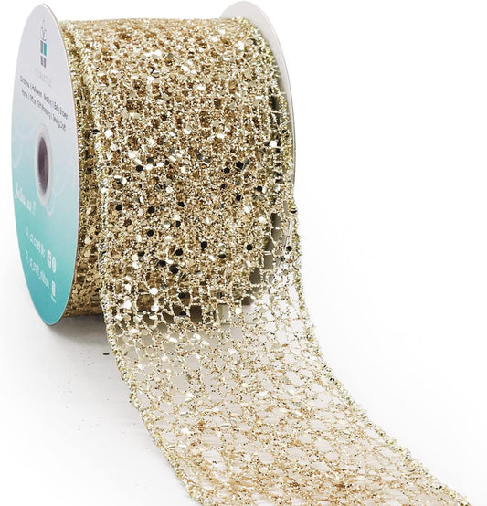 CT CRAFT LLC Sparkling Glitter Mesh Wired Ribbon 2.5" x 10 Yards Champagne Gold for Christmas Home Decor Bow Gift Wrapping DIY Crafts Wreath - Crafty Corner
