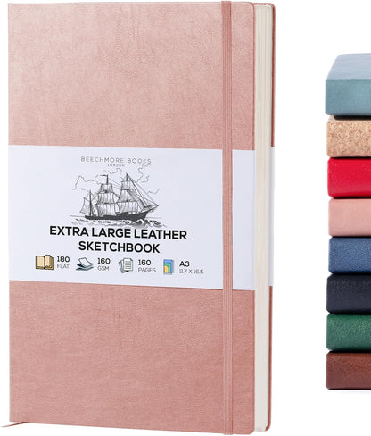 Beechmore Books A3 Sketchbook – 11.7x16.5 Premium Vegan Leather Bound Extra Large Sketch Book Hardcover, 160gsm 160 Perforated Ivory Pages, Blank Sketch Pad, Gift Boxed, Back Pocket, Ribbon Bookmark - Crafty Corner