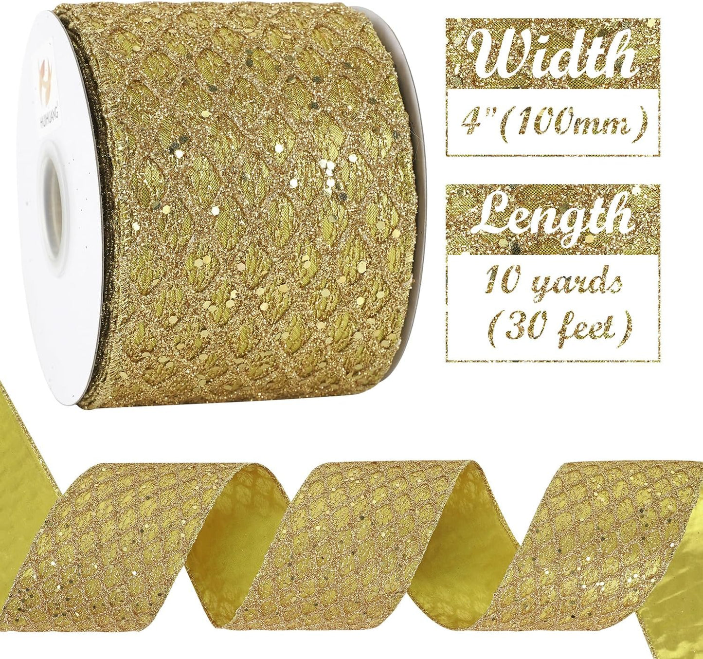 HUIHUANG Gold Glitter Wired Ribbon, 4 inch x 10 Yards, Polyester, Christmas, Gold, Geometric Pattern, Perfect for Tree Decorations, Wreaths, Gift Wrapping - Crafty Corner
