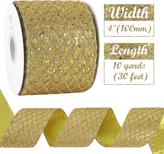 HUIHUANG Gold Glitter Wired Ribbon, 4 inch x 10 Yards, Polyester, Christmas, Gold, Geometric Pattern, Perfect for Tree Decorations, Wreaths, Gift Wrapping - Crafty Corner