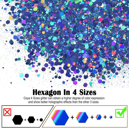 Ceya Holographic Chunky Glitter, 4.9oz/ 140g Blue Craft Glitter Powder Mixed Chunky & Fine Flakes Iridescent Nail Sequins for Nail Art, Hair, Epoxy Resin, Tumblers, Slime, Painting, Festival Decor