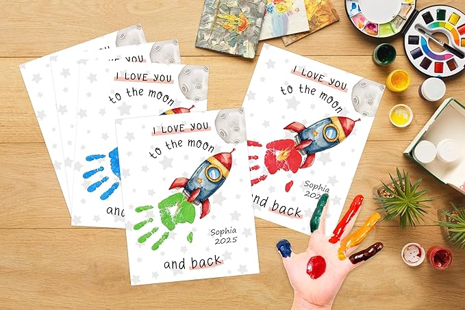 I Love You to the Moon and Back Handprint Art Kit, 10-Pack 8.5x11" DIY Craft Keepsake Cards for Mothers Day, Fathers Day, Grandparents Day, Personalized Fathers Day Birthdays Gifts for Dad Grandpa