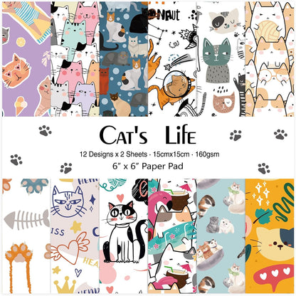 24 Sheets 12 Designs Scrapbook Paper Pad,6"×6” Single-Sided Decopodge Craft Cardstock Paper,Christmas Scrapbooking DIY Decorative Background Cardmaking Supplies.Cat's Life - Crafty Corner