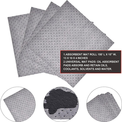 PONO Premium Polypropylene 150' L x 15" W Absorbent Mat Roll Gray Heavy Weight Oil Absorbing Mats Universal Oil for Absorbing Oils, Water, Solvents, Coolants and More