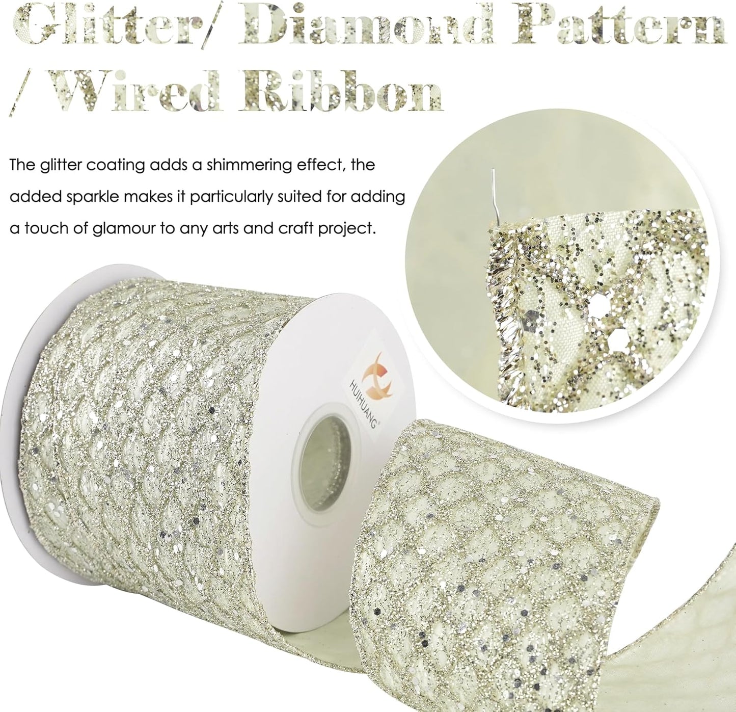 HUIHUANG Champagne Wired Ribbon 4 inch Glitter Christmas Tree Ribbon Diamond Mesh Wire Ribbon for X-mas Tree Decorations, Wreaths, Garland, Large Bows Making, Wedding Decor -10 Yards - Crafty Corner