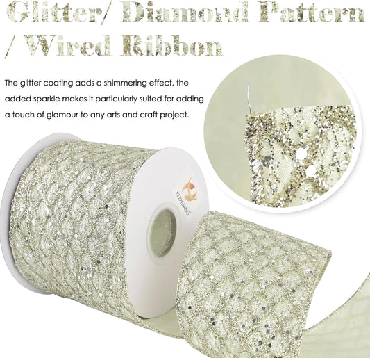 HUIHUANG Champagne Wired Ribbon 4 inch Glitter Christmas Tree Ribbon Diamond Mesh Wire Ribbon for X-mas Tree Decorations, Wreaths, Garland, Large Bows Making, Wedding Decor -10 Yards - Crafty Corner