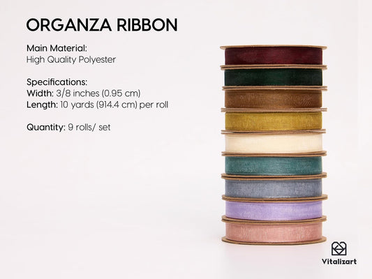 Vitalizart 3/8" x 90 Yards Organza Ribbon Set 9 Rolls x 10 Yd Sheer Ribbon for Gift Wrapping Crafts Christmas Tree Bows Wedding Invitations Wreaths Party Decor Bouquet DIY Projects (Mixed Colors) - Crafty Corner