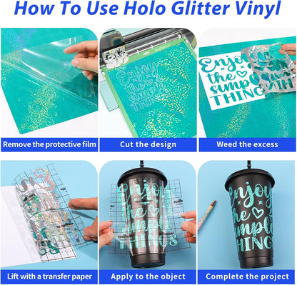 GIRAFVINYL Holographic Glitter Permanent Vinyl Bundle, 9 Assorted Colors 12-Inch Sheets, Glitter Vinyl Permanent Self-Adhesive Durable for Indoor/Outdoor Crafts, Easy to Cut/Weed with Protective Film