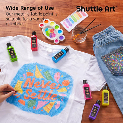 Metallic Fabric Paint, Shuttle Art 18 Metallic Colors Permanent Soft Fabric Paint in Bottles (60ml/2oz) with Brush and Stencils, Non-Toxic Textile Paint for T-shirts, Shoes, Jeans, Bags & DIY Projects