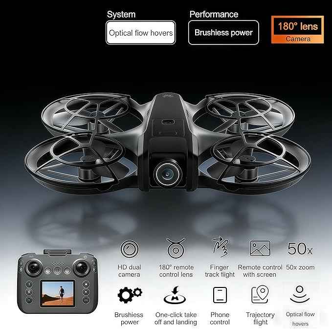 RC Drone with Screen Display Remote Control, Propeller Guard, Dual Camera, Speed Adjustment, Altitude Hold, One-Key Takeoff, 3D Flips, 2 Batteries, Helicopter Airplane, Hovering, Brushless Motor, APP Control, LED Lights, for Adult Beginners FPV Quadcop...