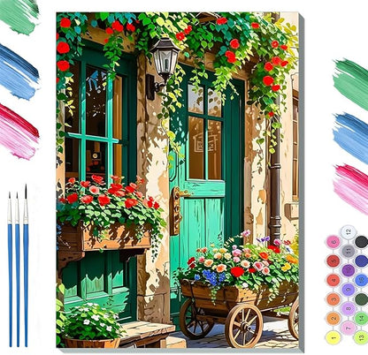 Paint by Numbers Kit for Adults Framed, European Cottage Door with Blooming Roses, DIY Oil Painting, Pre-Printed Canvas Wall Art Home Decor Gift, 16x20inch Framed, 24 Colors