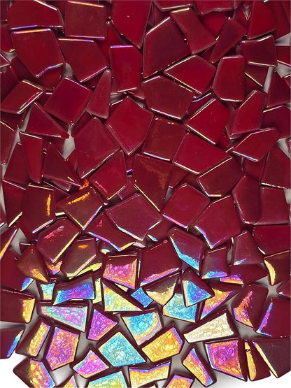 Irregular Glass Mosaic Tiles Bulk 500g Glossy and Iridescent Mosaic Glass Tiles for DIY Projects and Arts and Crafts Solid Colors and Mixes (Iridescent Red)