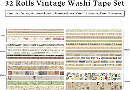 32 Rolls Vintage Washi Tape, Aesthetic Colored Decorative Cute Scrapbook Tape for Scrapbooking Supplies Journaling Craft Junk Journal
