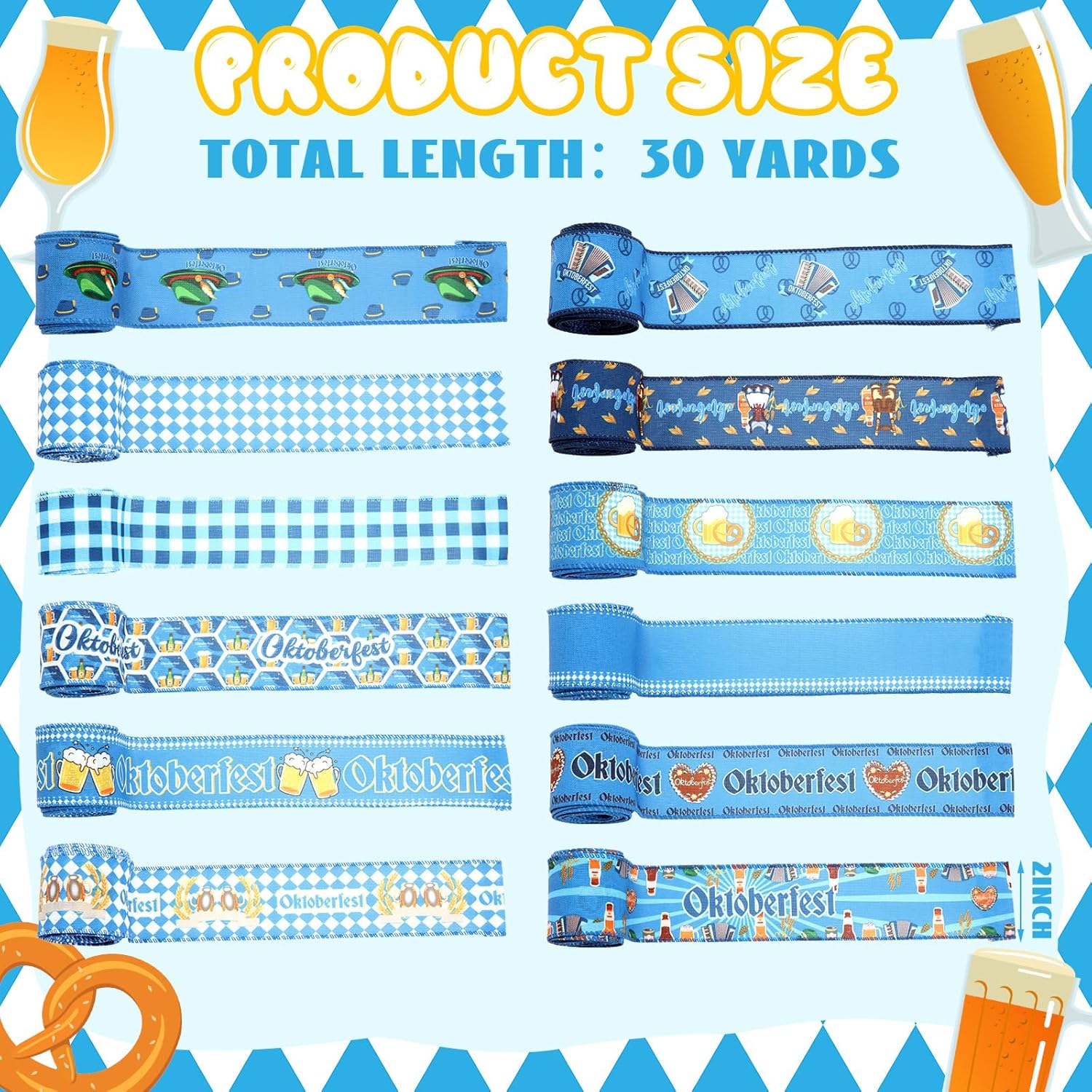 12 Rolls Oktoberfest Wired Edge Ribbon for Wreaths 2.5 Inch x 30 Yards Blue and White Print Grosgrain Ribbon Bavarian German Beer Crafts for Oktoberfest Party Decorative Supplies, 12 Styles - Crafty Corner