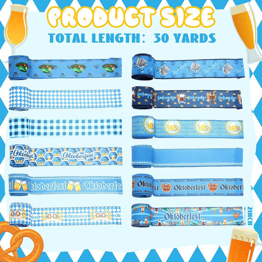 12 Rolls Oktoberfest Wired Edge Ribbon for Wreaths 2.5 Inch x 30 Yards Blue and White Print Grosgrain Ribbon Bavarian German Beer Crafts for Oktoberfest Party Decorative Supplies, 12 Styles - Crafty Corner