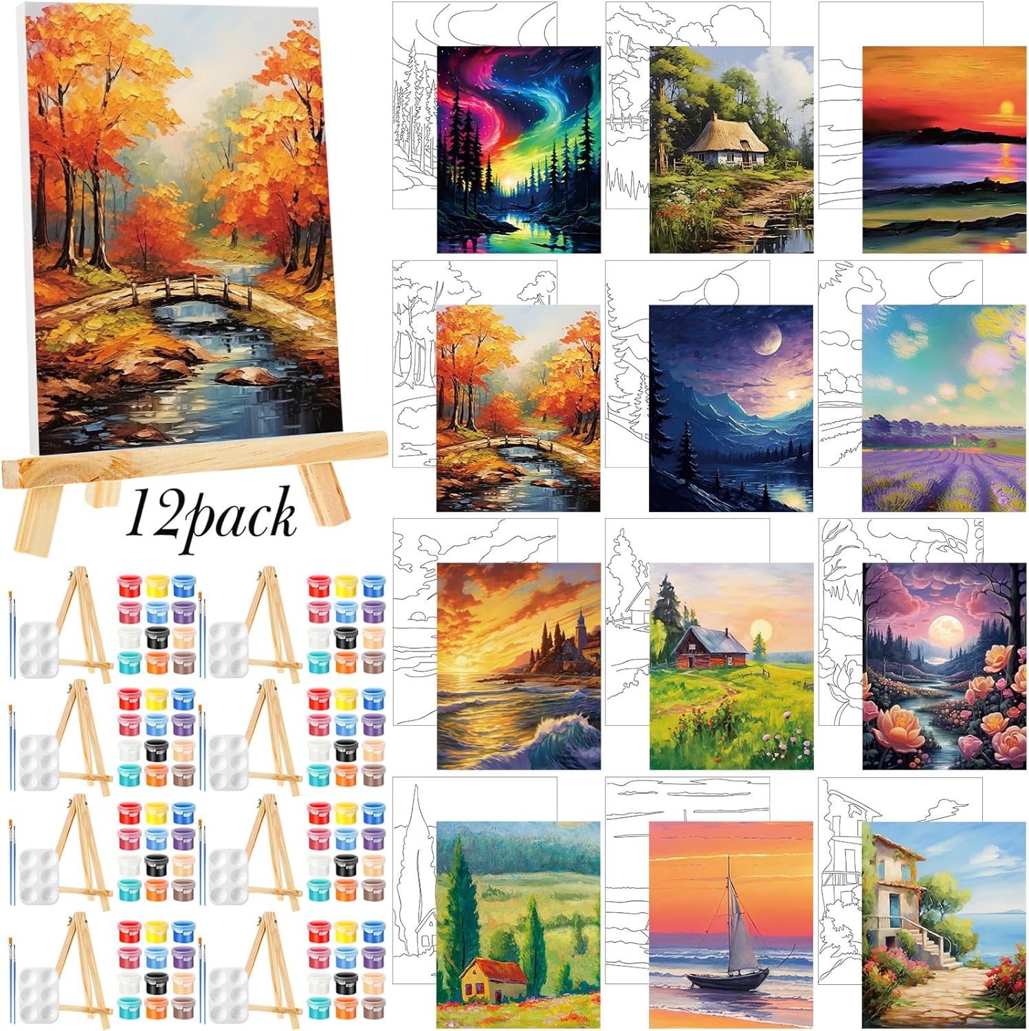 Zhanmai 12 Pack Pre Drawn Canvas for Painting Sip and Paint Kit 8" x 10" Paint Party Set Canvas Painting Pre Printed Canvases for Party Favor DIY Virtual Adult's Date Night(Natural Scenery) - Crafty Corner