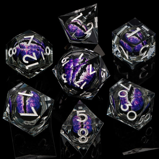 ARUOHHA DND Resin Dice Dragon Eye Dice Liquid Core Purple Sharp Edged Dice Set with Gift Box, Dungeons Polyhedral D and D Dice Set Compatible with D&D Role Playing Game D20 D12 D10 D8 D6
