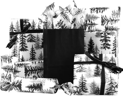 100 Sheets Christmas Tree Tissue Paper, 20x14in Forest Style Wrapping Tissue Watercolor Xmas Tree Art Tissue for Xmas Party Gift Bag Fillers Winter Party Decor (Black)