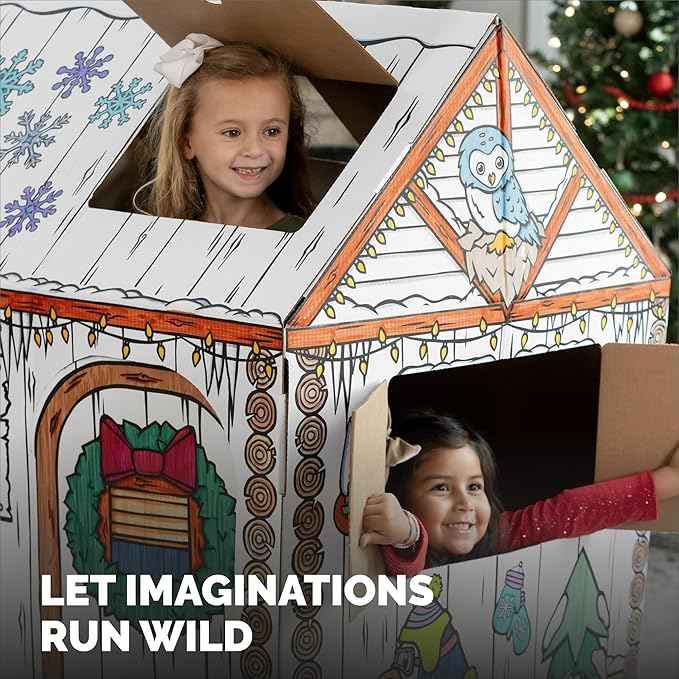 Bankers Box at Play Large Color in Winter Cottage Playhouse, Cardboard Playhouse and Life Size Craft Activity for Kids and Families