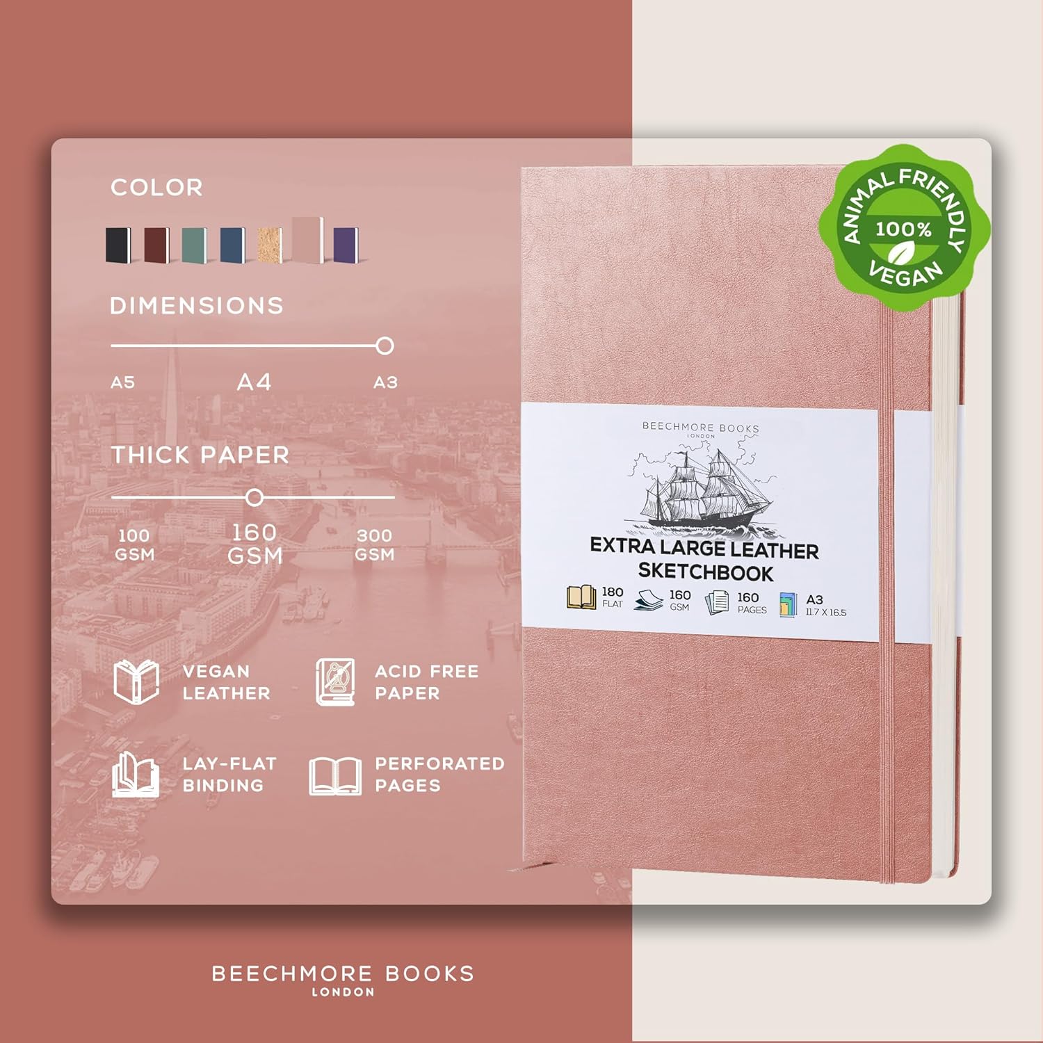 Beechmore Books A3 Sketchbook – 11.7x16.5 Premium Vegan Leather Bound Extra Large Sketch Book Hardcover, 160gsm 160 Perforated Ivory Pages, Blank Sketch Pad, Gift Boxed, Back Pocket, Ribbon Bookmark - Crafty Corner