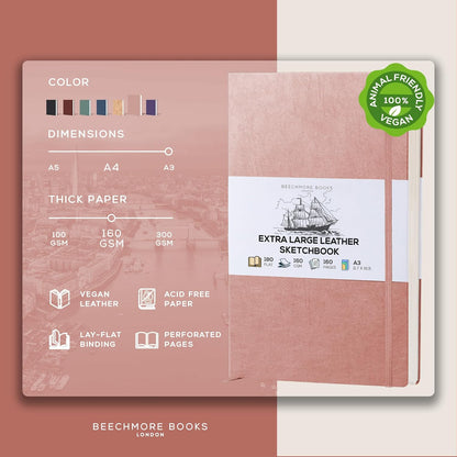 Beechmore Books A3 Sketchbook – 11.7x16.5 Premium Vegan Leather Bound Extra Large Sketch Book Hardcover, 160gsm 160 Perforated Ivory Pages, Blank Sketch Pad, Gift Boxed, Back Pocket, Ribbon Bookmark - Crafty Corner