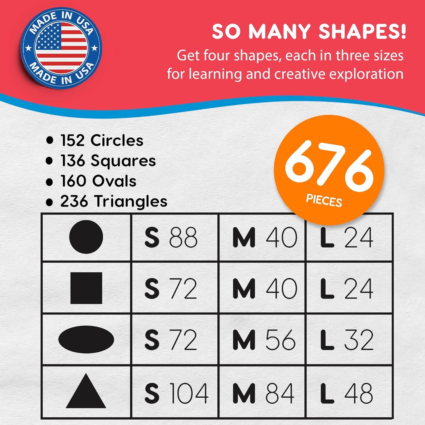 Basic Shapes 1: Circles, Triangles, Squares, Ovals, 676 Pieces US Made Card Stock Punch Out Geometric Shapes in 3 Sizes and 4 PRIMARY Colors for Math, Pattern Play and DIY Crafting - Crafty Corner