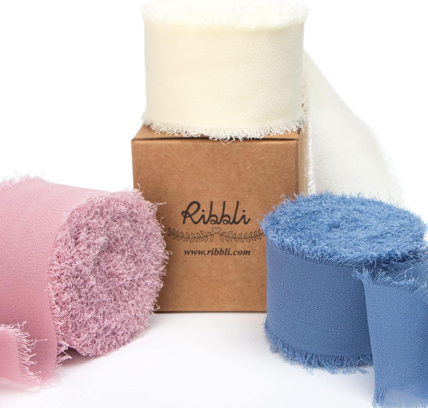 Ribbli Chiffon Silk Ribbon, 1.5 in x 30 Yards, Ivory/Dusty Rose/Dusty Blue Fringe for Wedding Invitations, Bridal Bouquets, Flower Arrangements - Crafty Corner